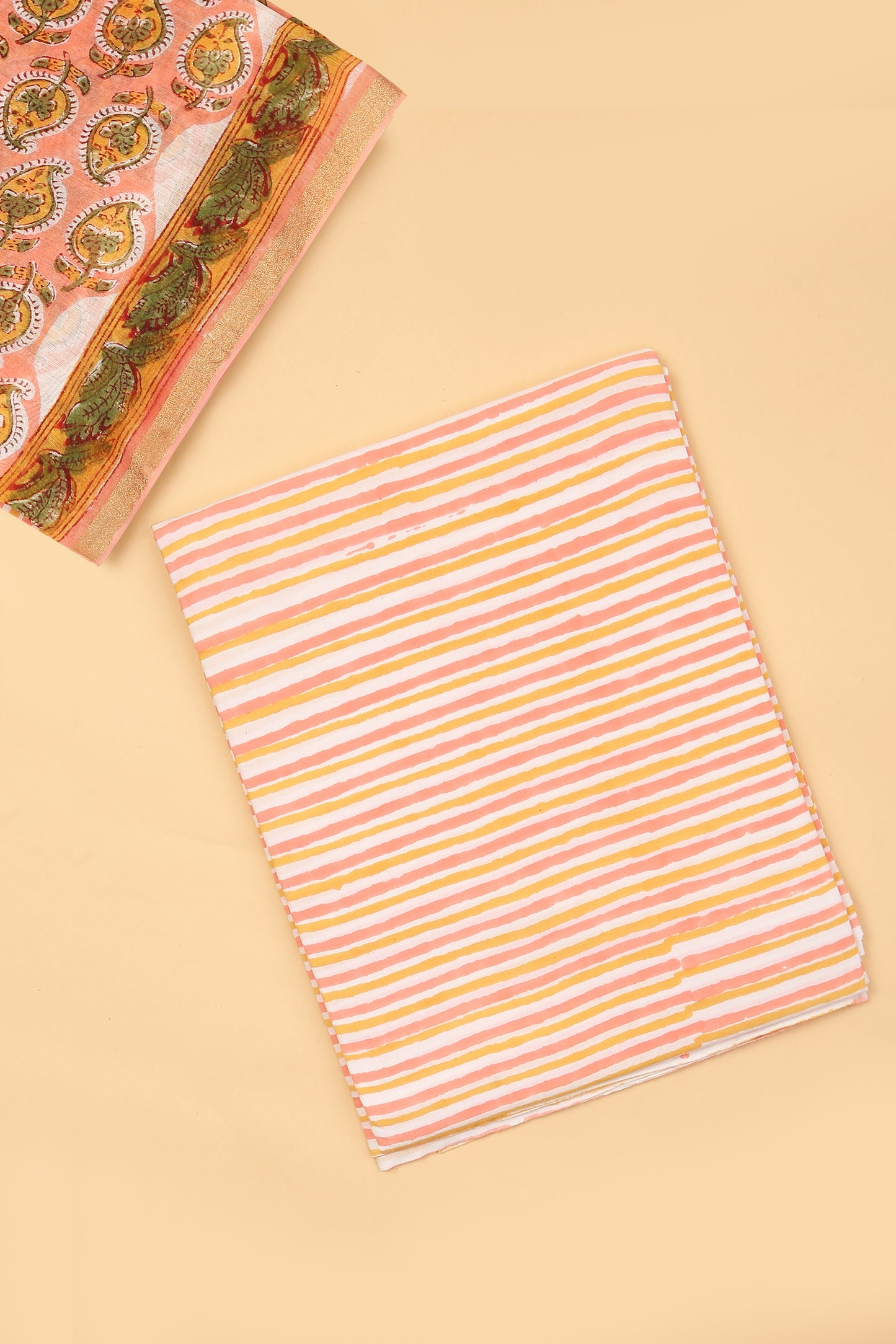 Peach Pure Hand Block Chanderi unstitched suit set with pure Cotton striped handblock Bottom