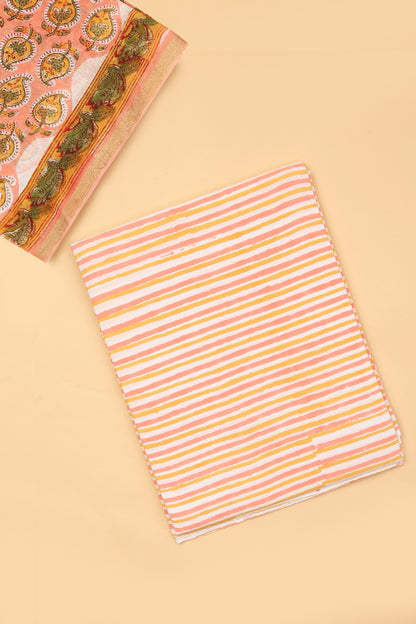 Peach Pure Hand Block Chanderi unstitched suit set with pure Cotton striped handblock Bottom