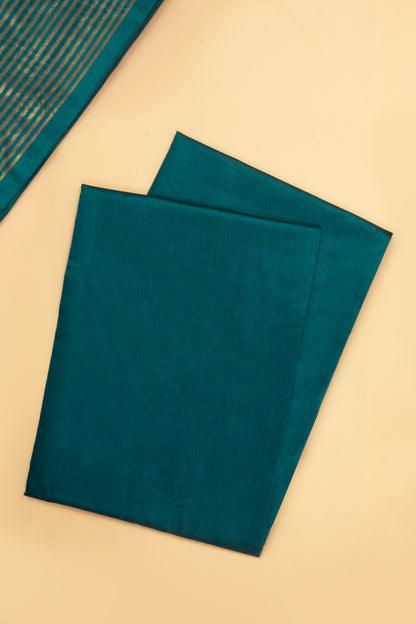 Teal Green Plain Banarasi Cotton Silk suit with woven border on daaman and Stripe woven golden zari dupatta