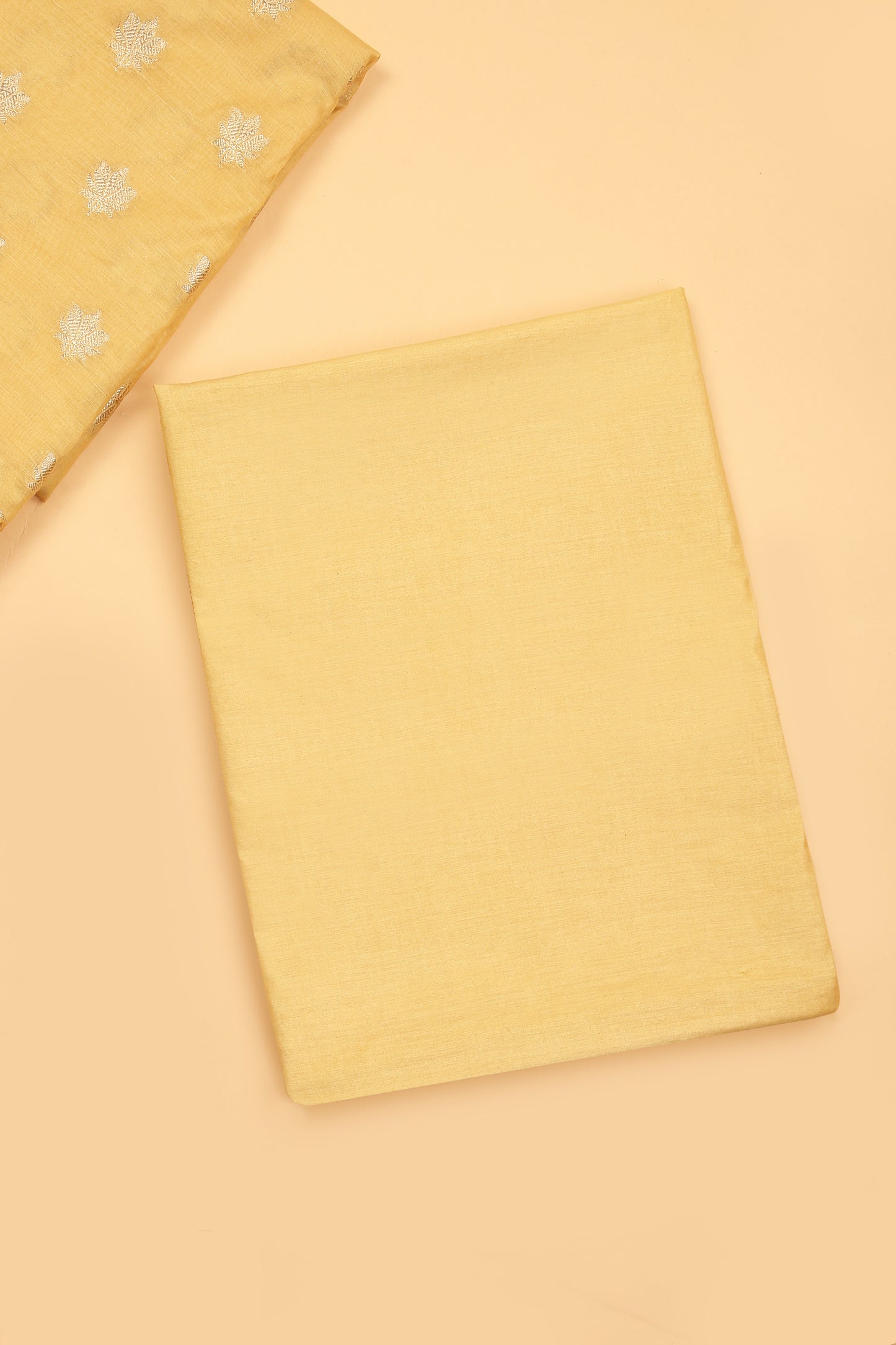 Light Yellow Banarasi Chanderi Silk unstitched suit set in Zari Buti woven shirt paired with Rangkaat and woven dupatta