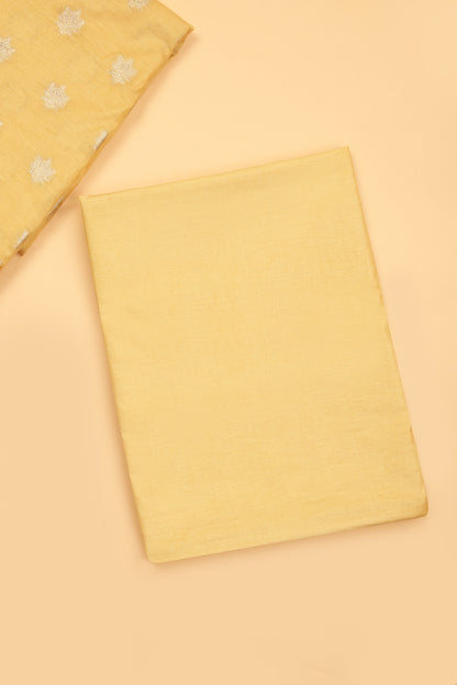 Light Yellow Banarasi Chanderi Silk unstitched suit set in Zari Buti woven shirt paired with Rangkaat and woven dupatta