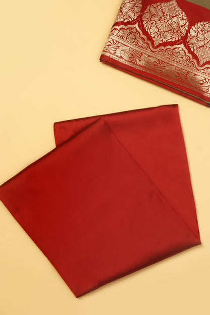 Olive Grey Banarasi Silk BlenSuit Set in Plain Shirt with Contrast Red Front Border and Contrast Red Jaal Woven Dupatta