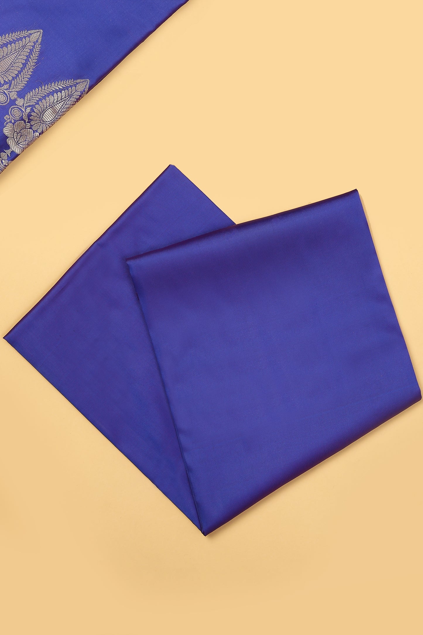 Royal Blue Banarasi Silk Blend Suit Set in Plain Shirt with Front Border and Jaal Woven Dupatta