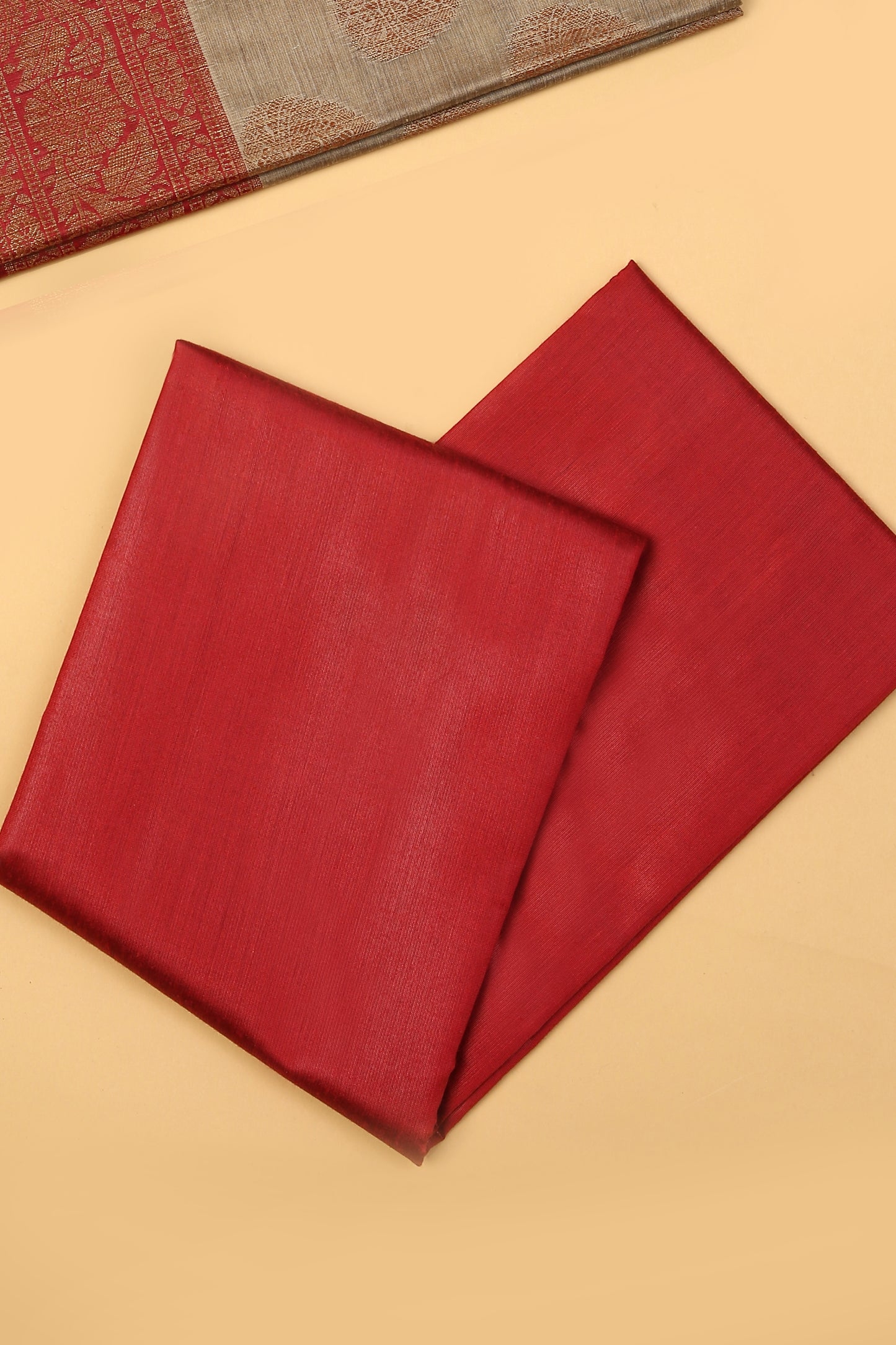 Chiku color Banarasi Cotton Silk Zari Buti Woven Unstitched suit with Red Contrast Jaal Woven Dupatta