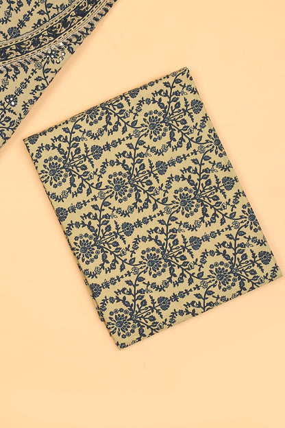 Blue with Beige printed pure cotton unstitched suit set with chiffon printed dupatta