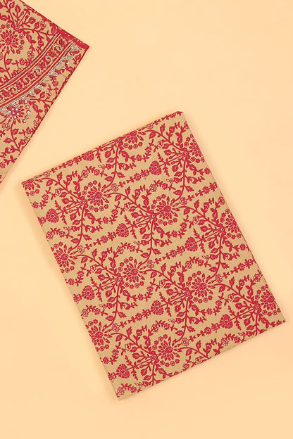 Pink with Beige printed pure cotton unstitched suit set with chiffon printed dupatta