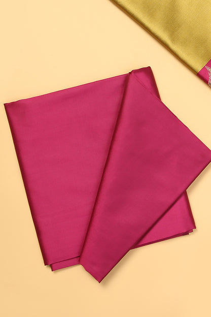 Yellow Banarasi Silk Blend Suit Set in Plain Shirt with Contrast Pink Front Border and Contrast Pink Jaal Woven Dupatta