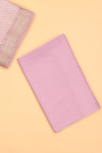 Baby pink Assam Silk Unstitched suit set in Print and Zari woven stripes on shirt with Self Contrast Floral Printed and Zari woven Dupatta