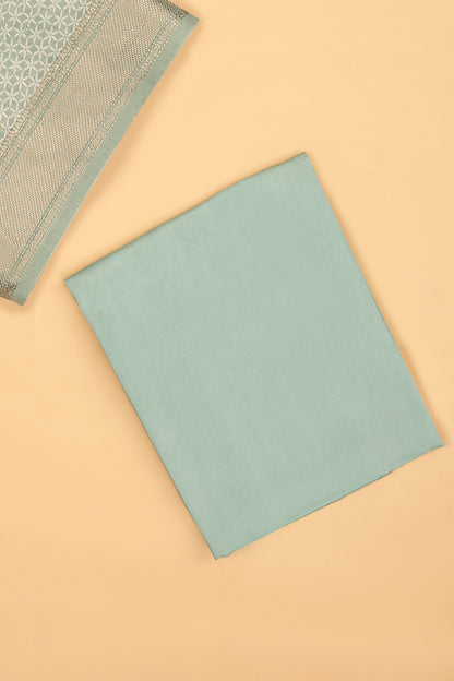 Sea Green Silk Unstitched suit set in Print and Zari woven stripes on shirt with Self Contrast Floral Printed and Zari woven Dupatta