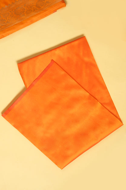 Orange Banarasi Silk Blend Suit Set in Plain Shirt with Front Border and Jaal Woven Dupatta
