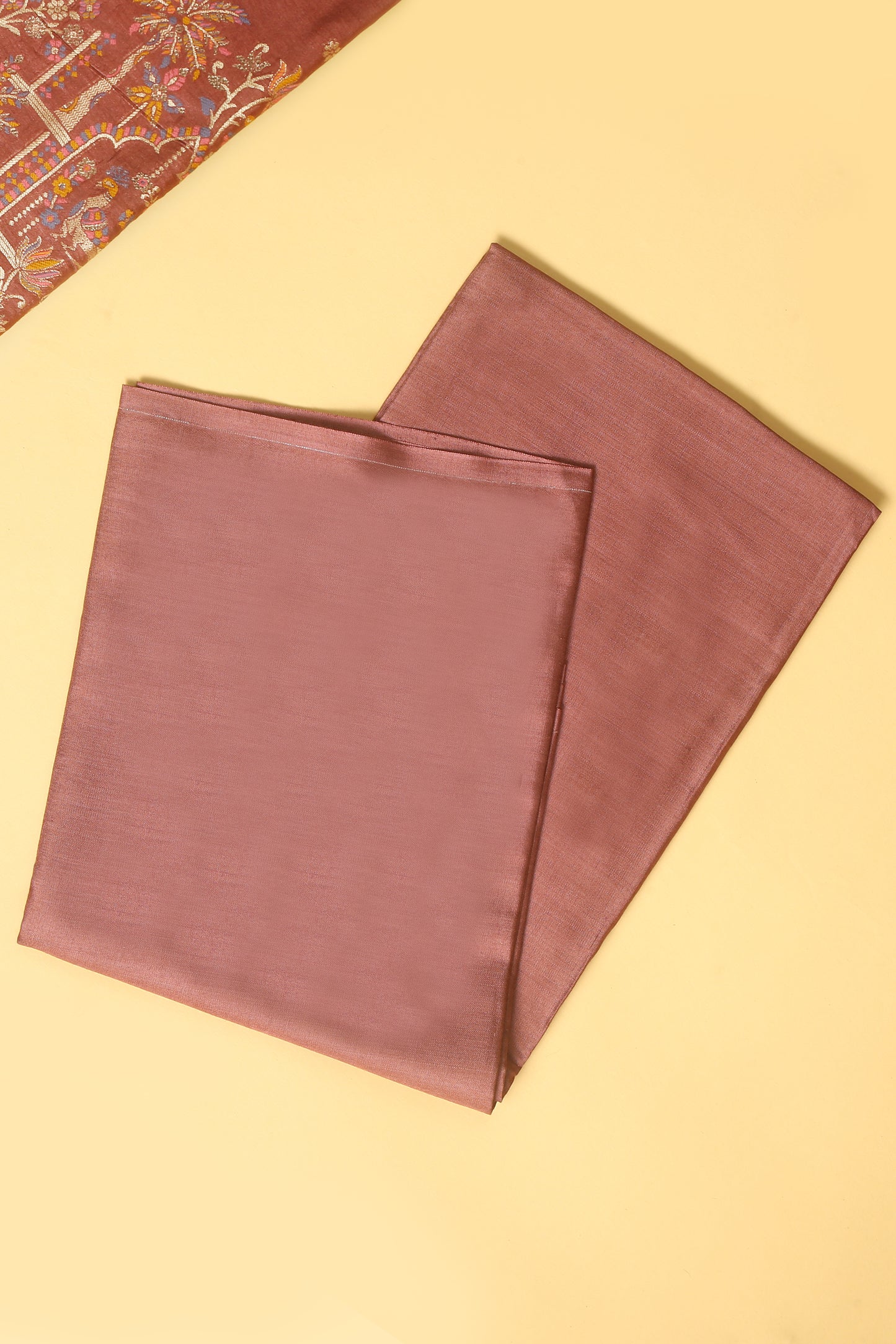 Matka Brown Chanderi Silk suit in small motifs all over shirt and dupatta with meenakari work on ghera and border