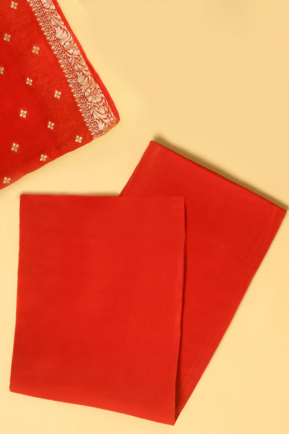 Rust orange Khaddi Georgette Silk Suit in small buti on shirt and Bandhani Weave dupatta with plain crepe silk bottom