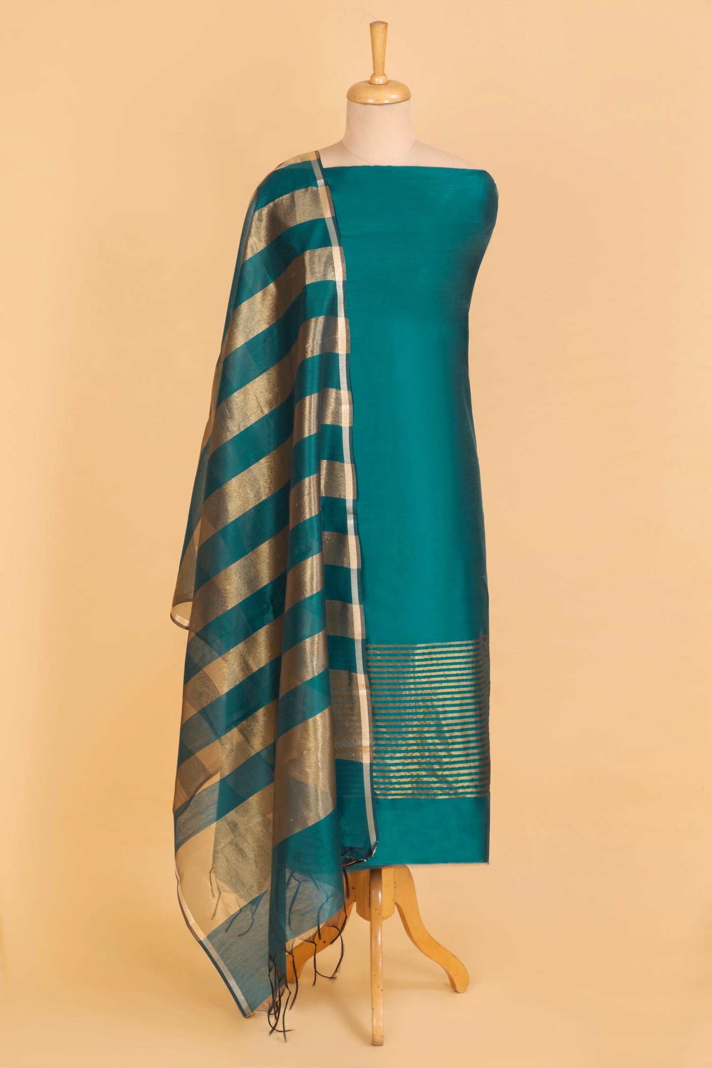 Teal Green Plain Banarasi Cotton Silk suit with woven border on daaman and Stripe woven golden zari dupatta