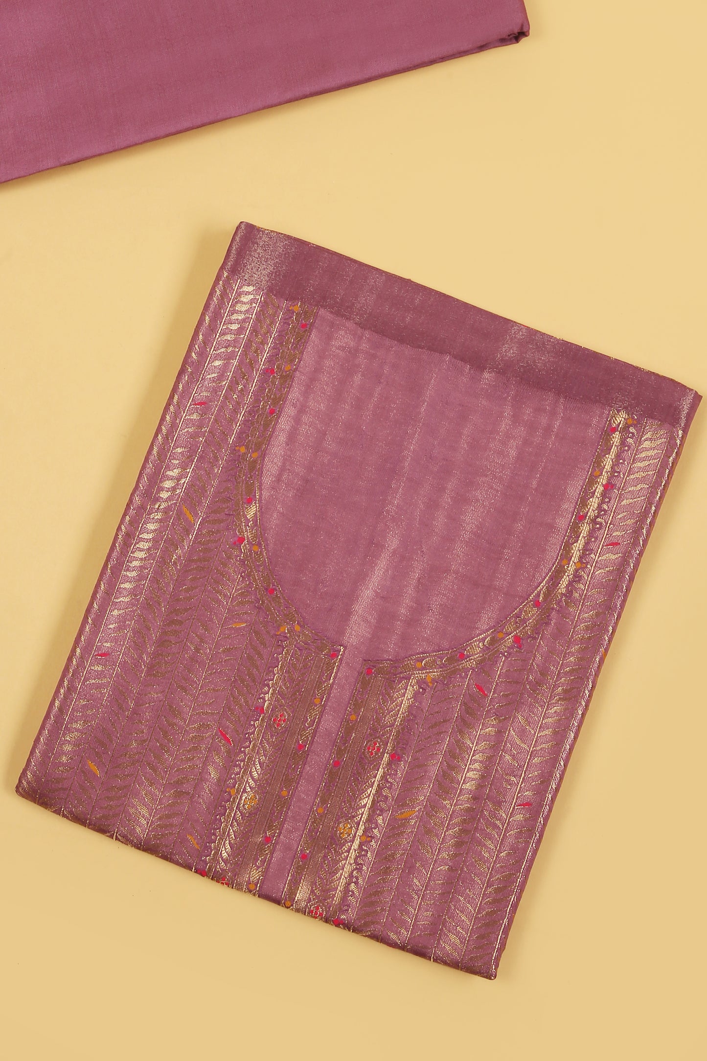 Soft pink Kimkhwab Silk suit set in intricate weaving with light meena detailed work on neckline and body with Gold zari woven dupatta