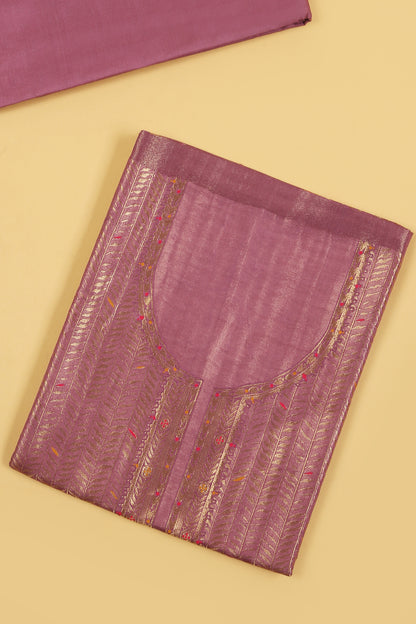 Soft pink Kimkhwab Silk suit set in intricate weaving with light meena detailed work on neckline and body with Gold zari woven dupatta