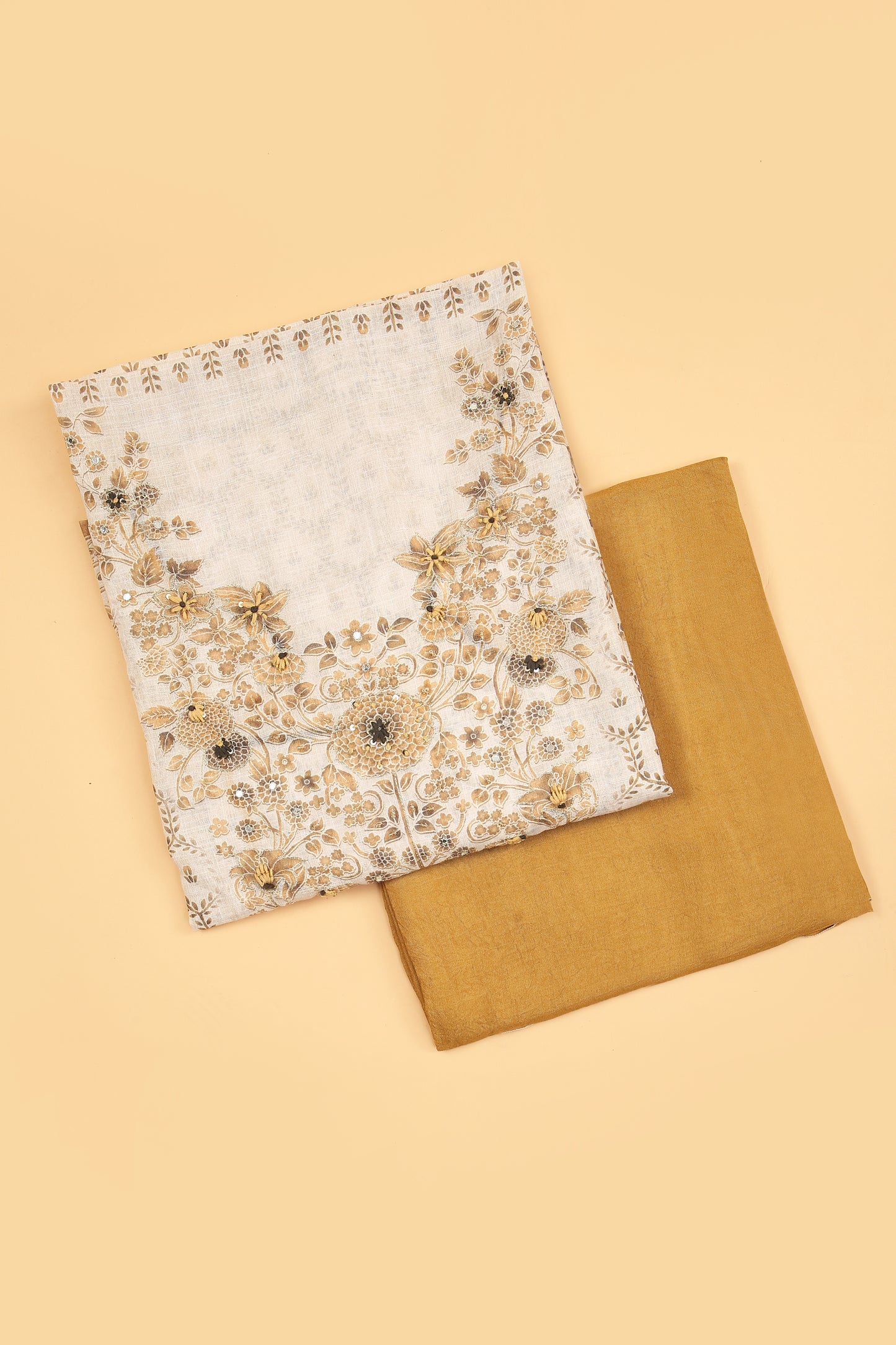 Off White and mustard Linen blend unstitched suit fabric in Print with Minimal Embroidery work on neck with Linen Blend printed Dupatta