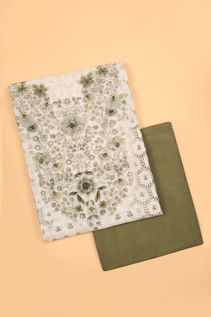 Off White and green Linen blend unstitched suit fabric in Print with Minimal Embroidery work on neck with Linen Blend printed Dupatta