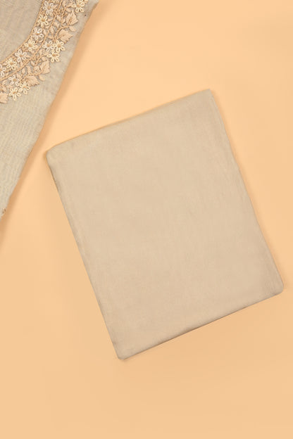 Off White Jamdani unstitched suit fabric with self Color French knot embroidery on neck with Jamdani weaved dupatta