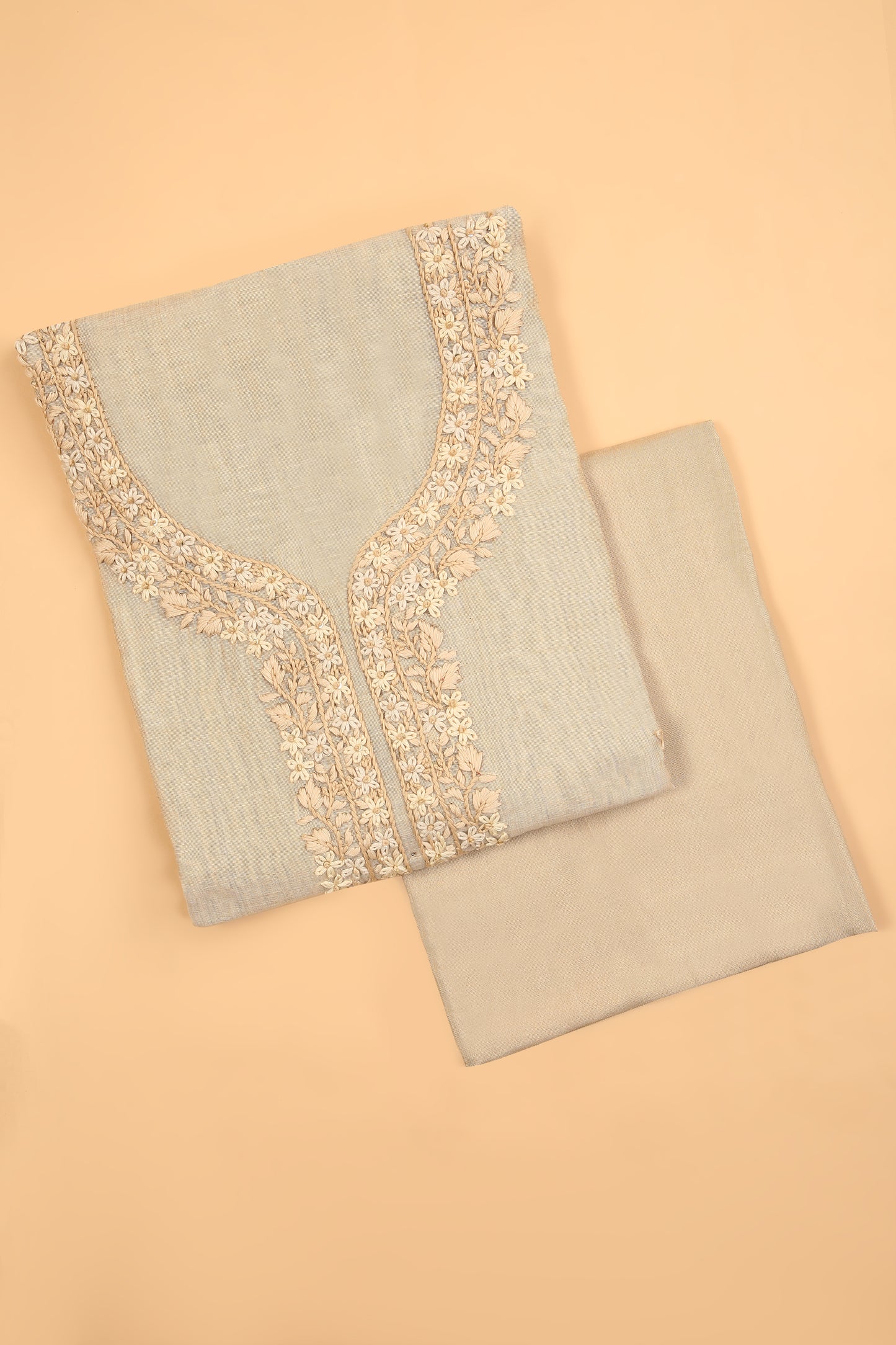 Off White Jamdani unstitched suit fabric with self Color French knot embroidery on neck with Jamdani weaved dupatta