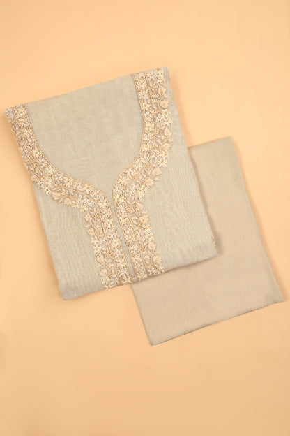 Off White Jamdani unstitched suit fabric with self Color French knot embroidery on neck with Jamdani weaved dupatta