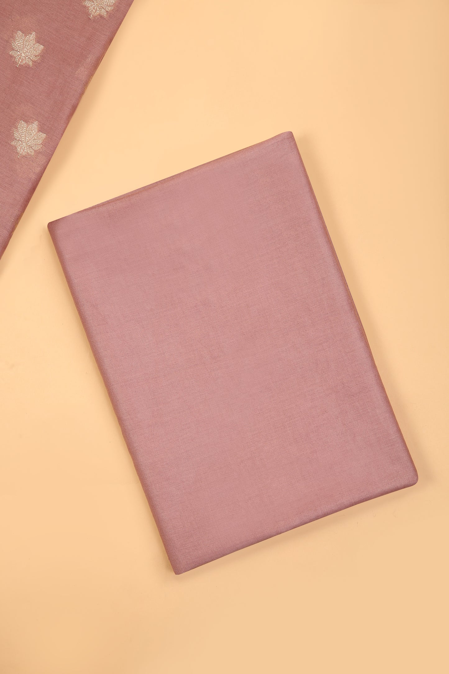 Blush Nude Banarasi Chanderi Silk unstitched suit set in Zari Buti woven shirt paired with Rangkaat and woven dupatta