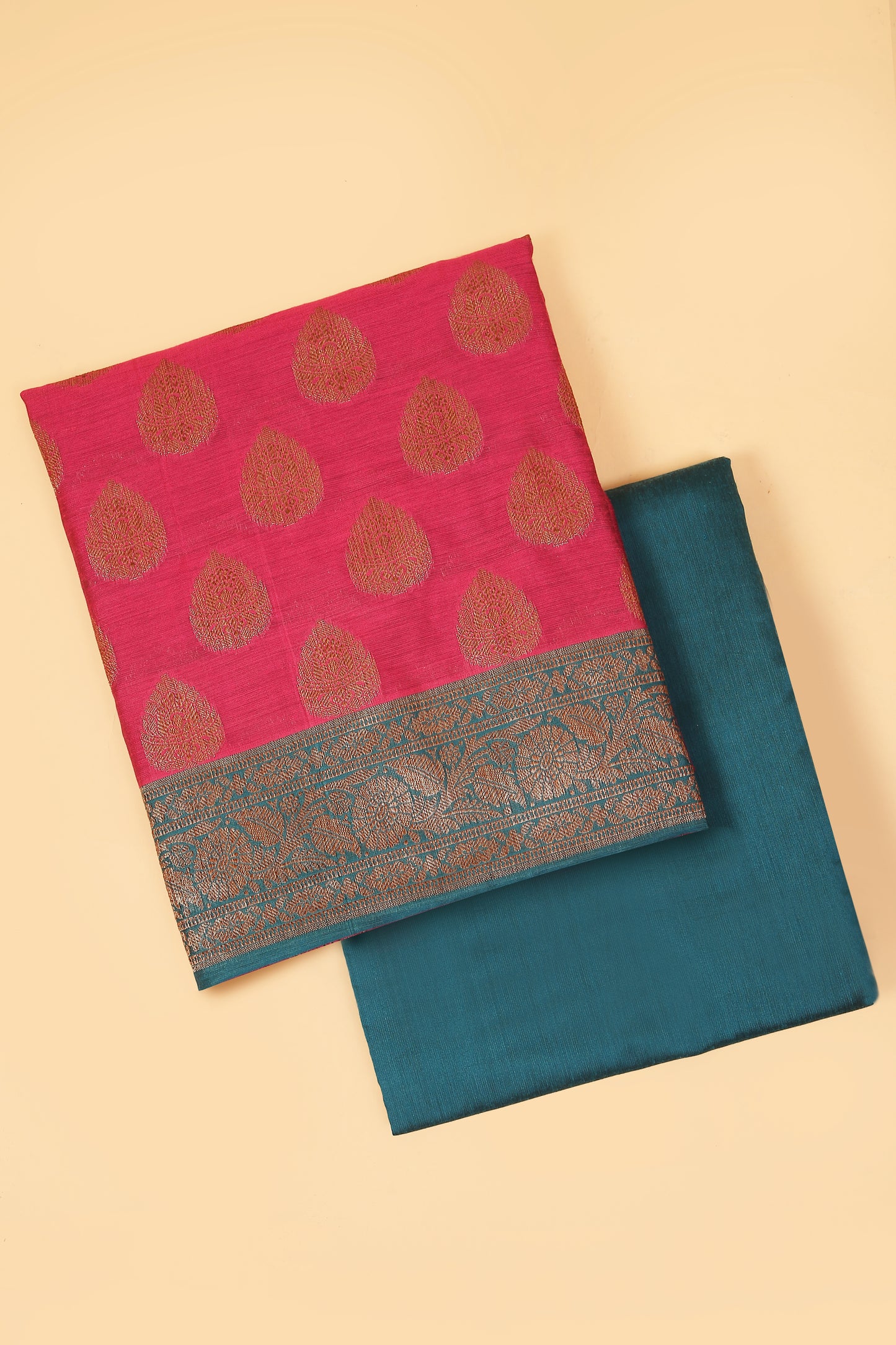 Pink Banarasi Cotton Silk Zari Buti Woven Unstitched suit with Teal Green Contrast Jaal Woven Dupatta