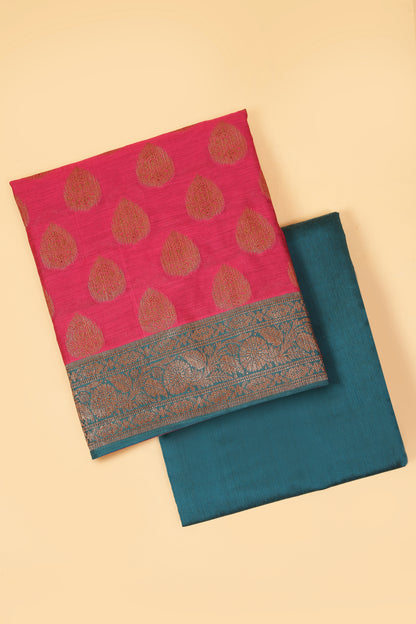 Pink Banarasi Cotton Silk Zari Buti Woven Unstitched suit with Teal Green Contrast Jaal Woven Dupatta