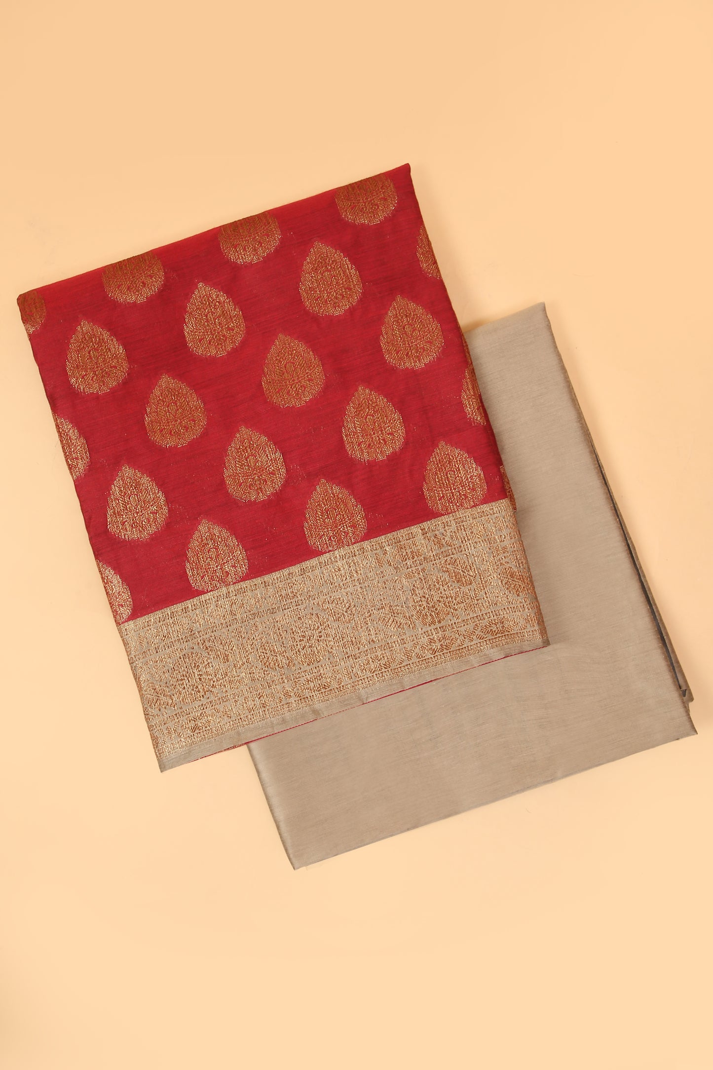 Red Banarasi Cotton Silk Zari Buti Woven Unstitched suit with Chiku Contrast Jaal Woven Dupatta
