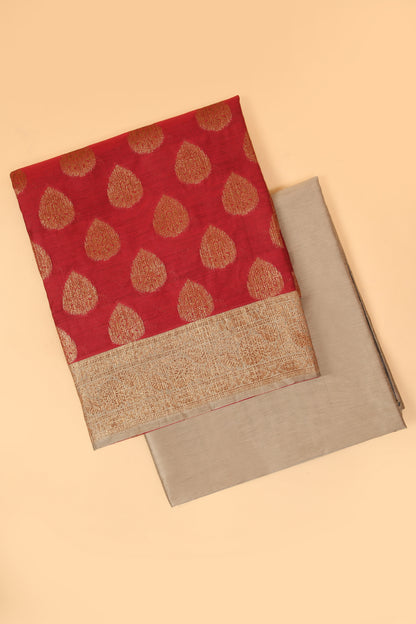 Red Banarasi Cotton Silk Zari Buti Woven Unstitched suit with Chiku Contrast Jaal Woven Dupatta