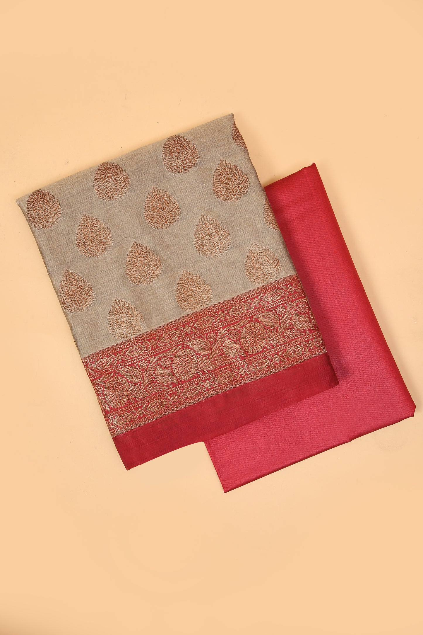 Chiku color Banarasi Cotton Silk Zari Buti Woven Unstitched suit with Red Contrast Jaal Woven Dupatta