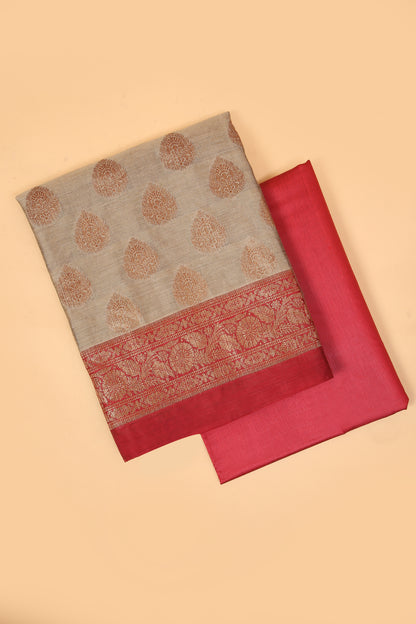 Chiku color Banarasi Cotton Silk Zari Buti Woven Unstitched suit with Red Contrast Jaal Woven Dupatta
