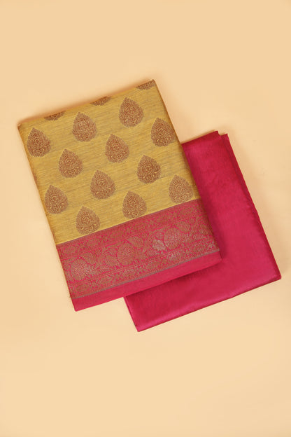 Mustard Yellow Banarasi Cotton Silk Zari Buti Woven Unstitched suit with Pink Contrast Jaal Woven Dupatta