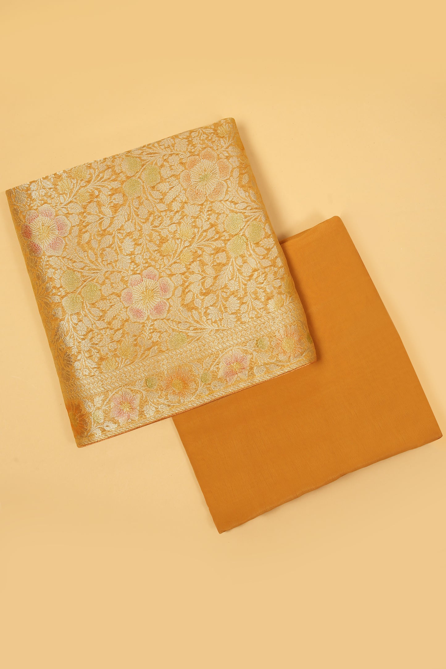 Mustard Yellow Khaddi Georgette Silk Suit in Floral Jaal pattern on shirt and Rangkaat on shirt and dupatta with plain crepe silk bottom