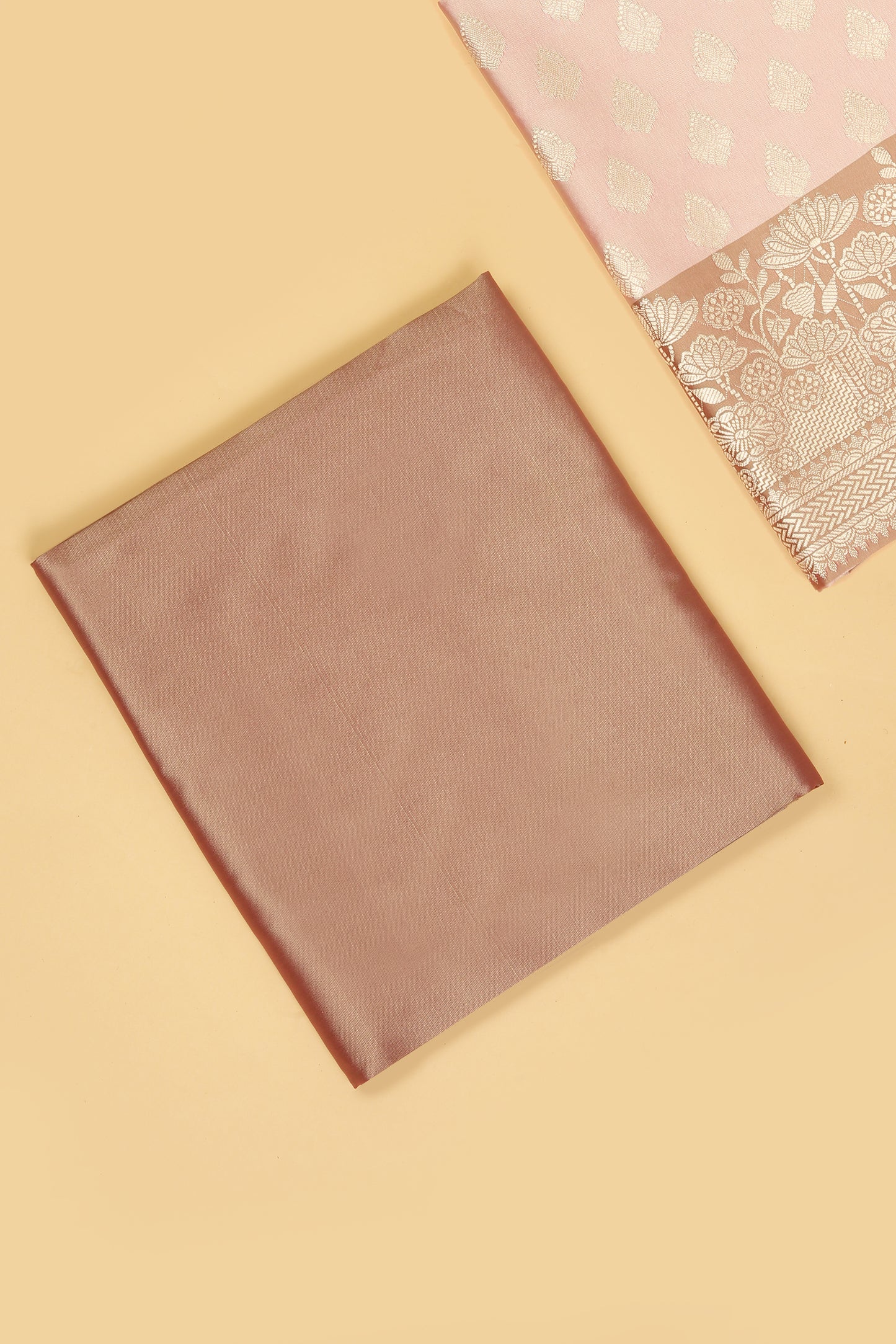 Chiku Pastel Base paired with Buti on shirt in Banarasi Silk Blend with Self Contrast Jaal Woven Dupatta