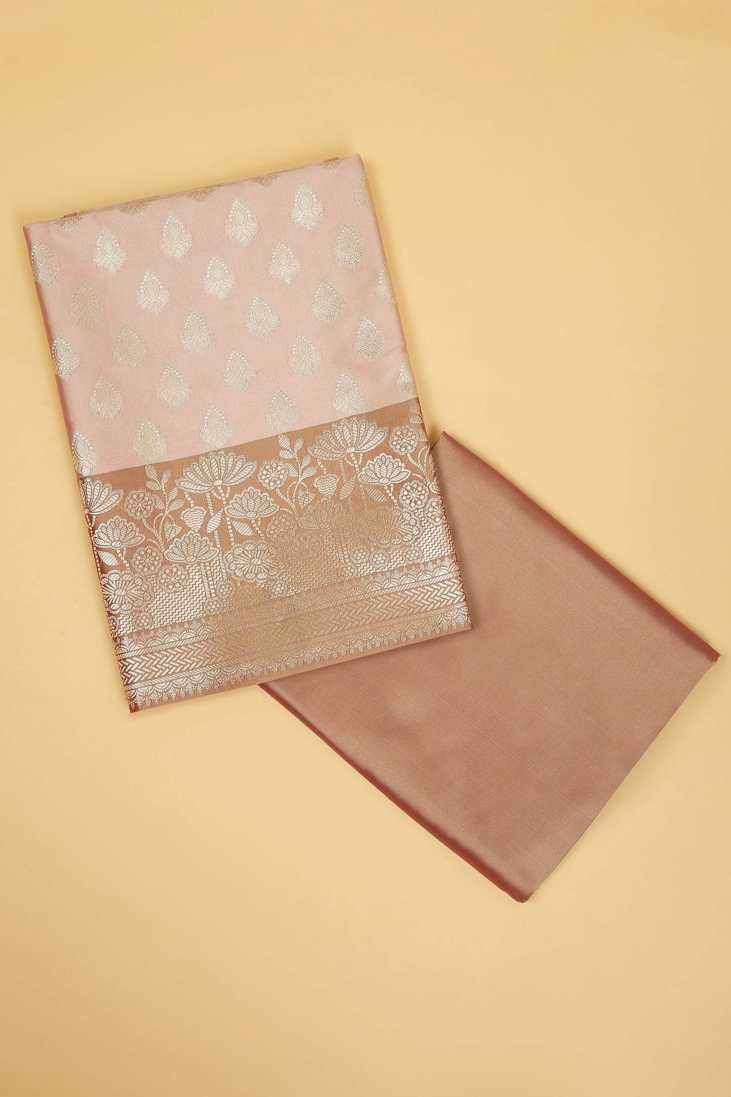 Chiku Pastel Base paired with Buti on shirt in Banarasi Silk Blend with Self Contrast Jaal Woven Dupatta