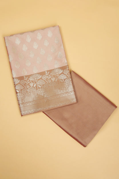 Chiku Pastel Base paired with Buti on shirt in Banarasi Silk Blend with Self Contrast Jaal Woven Dupatta