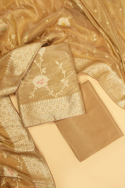 Golden Shimmer Tissue Silk in small buti paired with Floral and Meenakari Zari Weave on Daaman and Dupatta