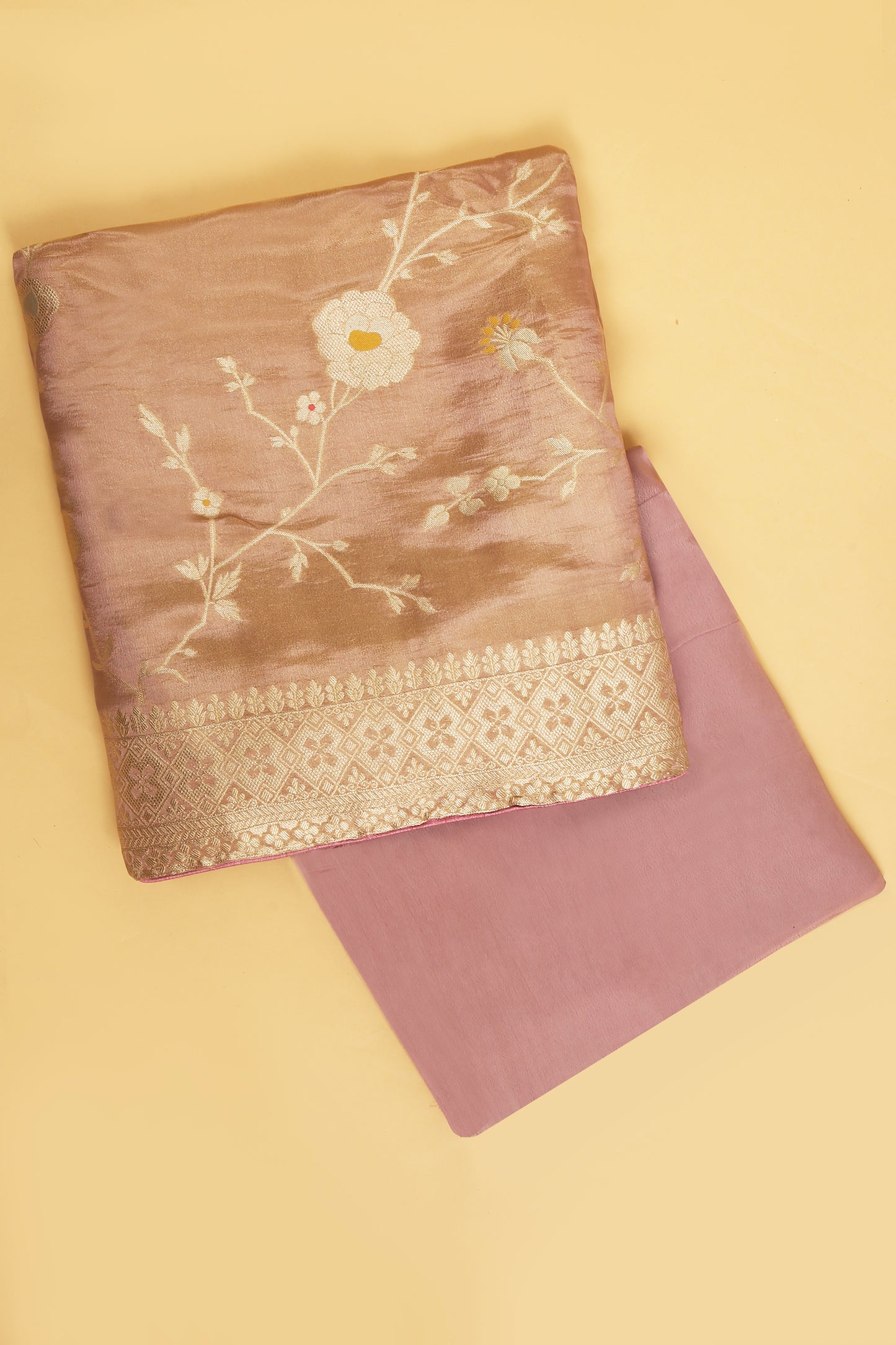 Soft Pink Tissue Silk in small buti paired with Floral and Meenakari Zari Weave on Daaman and Dupatta