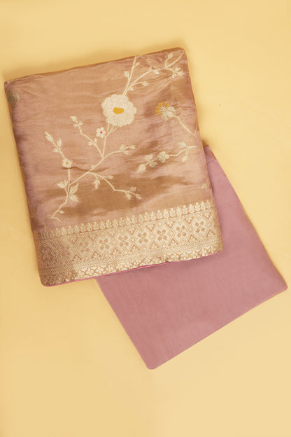 Soft Pink Tissue Silk in small buti paired with Floral and Meenakari Zari Weave on Daaman and Dupatta