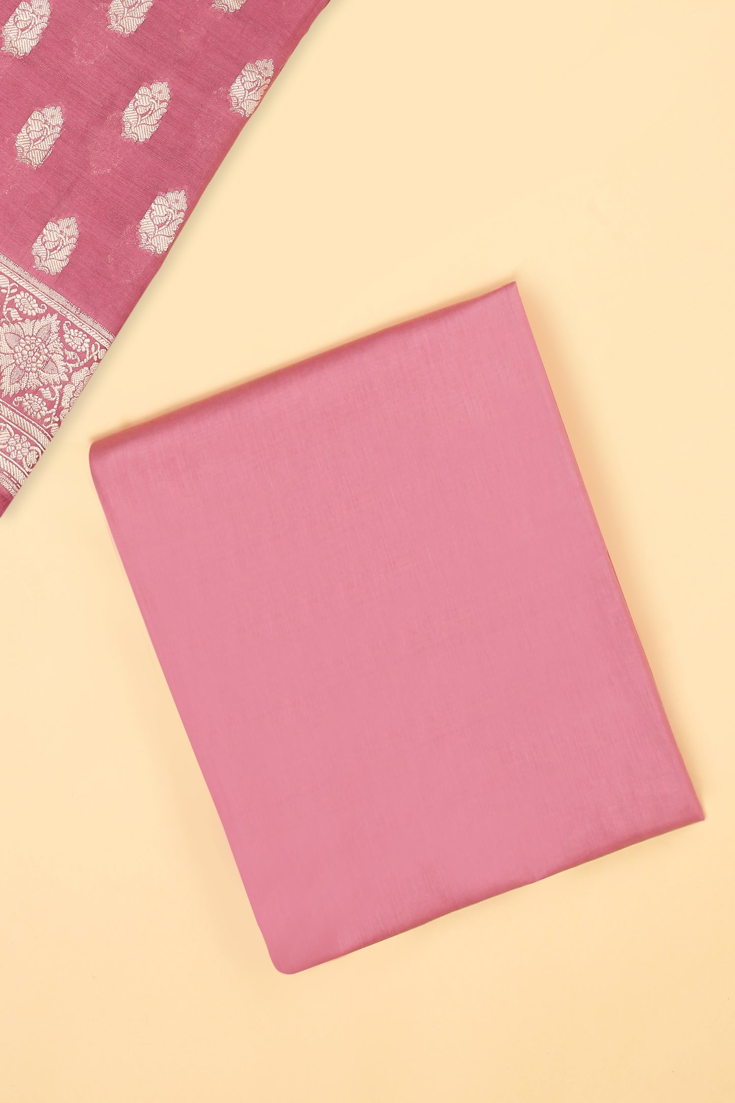 Light Pink Banarasi Chanderi Silk unstitched suit set in Zari Buti woven shirt with Bandhani and woven dupatta