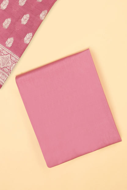 Light Pink Banarasi Chanderi Silk unstitched suit set in Zari Buti woven shirt with Bandhani and woven dupatta