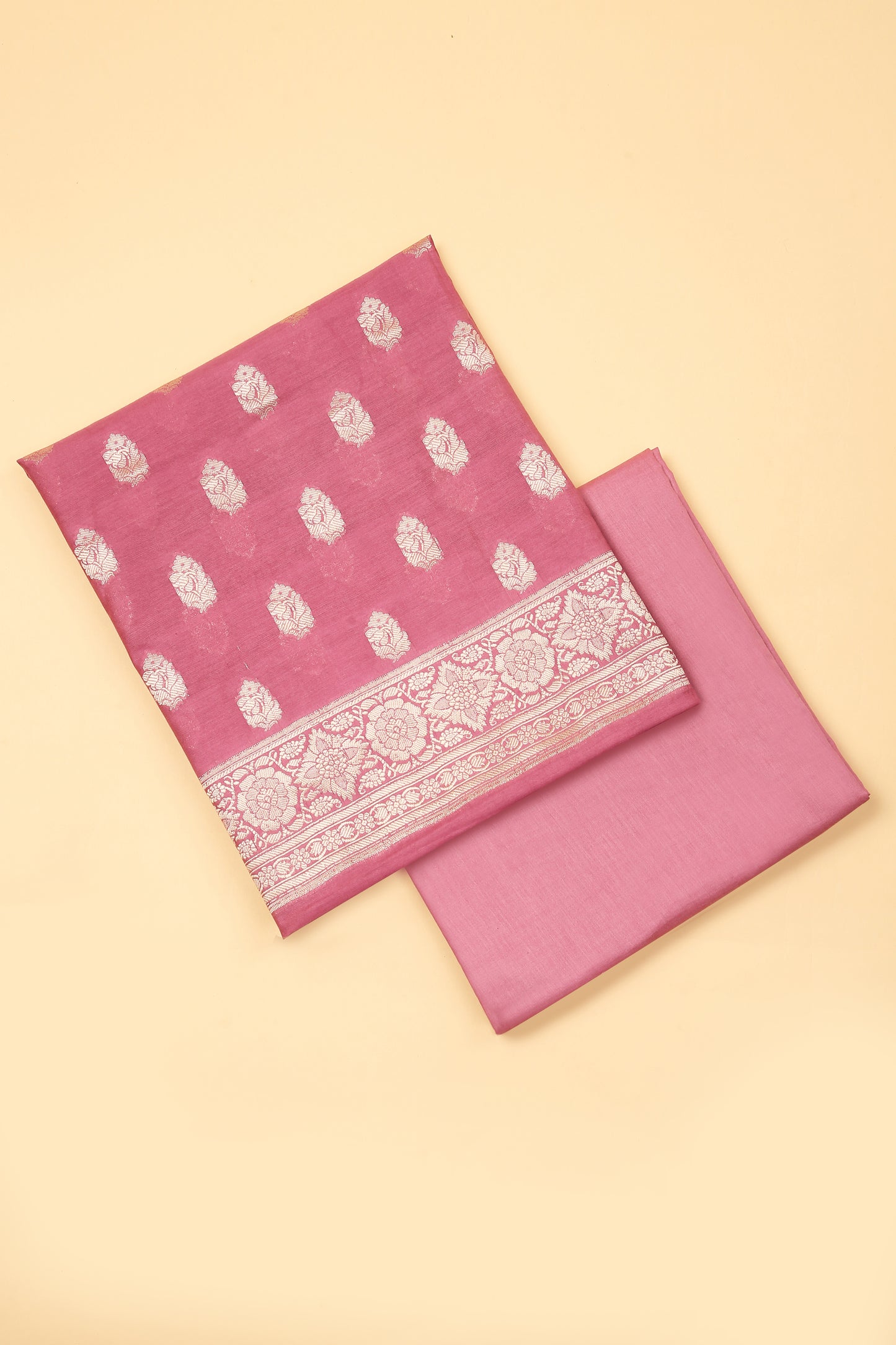 Light Pink Banarasi Chanderi Silk unstitched suit set in Zari Buti woven shirt with Bandhani and woven dupatta