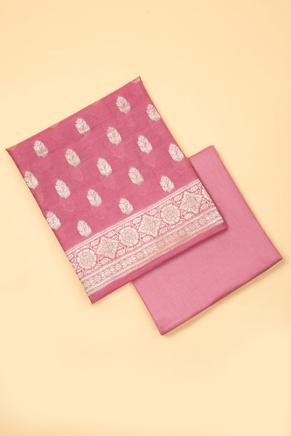 Light Pink Banarasi Chanderi Silk unstitched suit set in Zari Buti woven shirt with Bandhani and woven dupatta