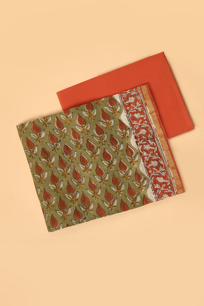 Green Hand Block pure Chanderi unstitched suit set in handblock shirt and dupatta with contrast plain cotton bottom