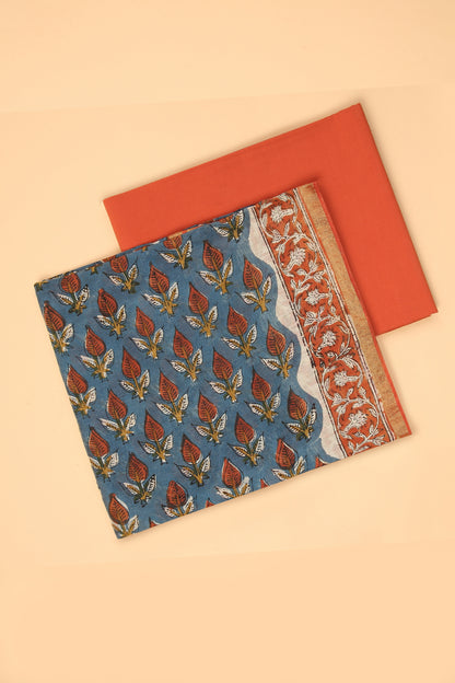 Blue Hand Block pure Chanderi unstitched suit set in handblock shirt and dupatta with contrast plain cotton bottom