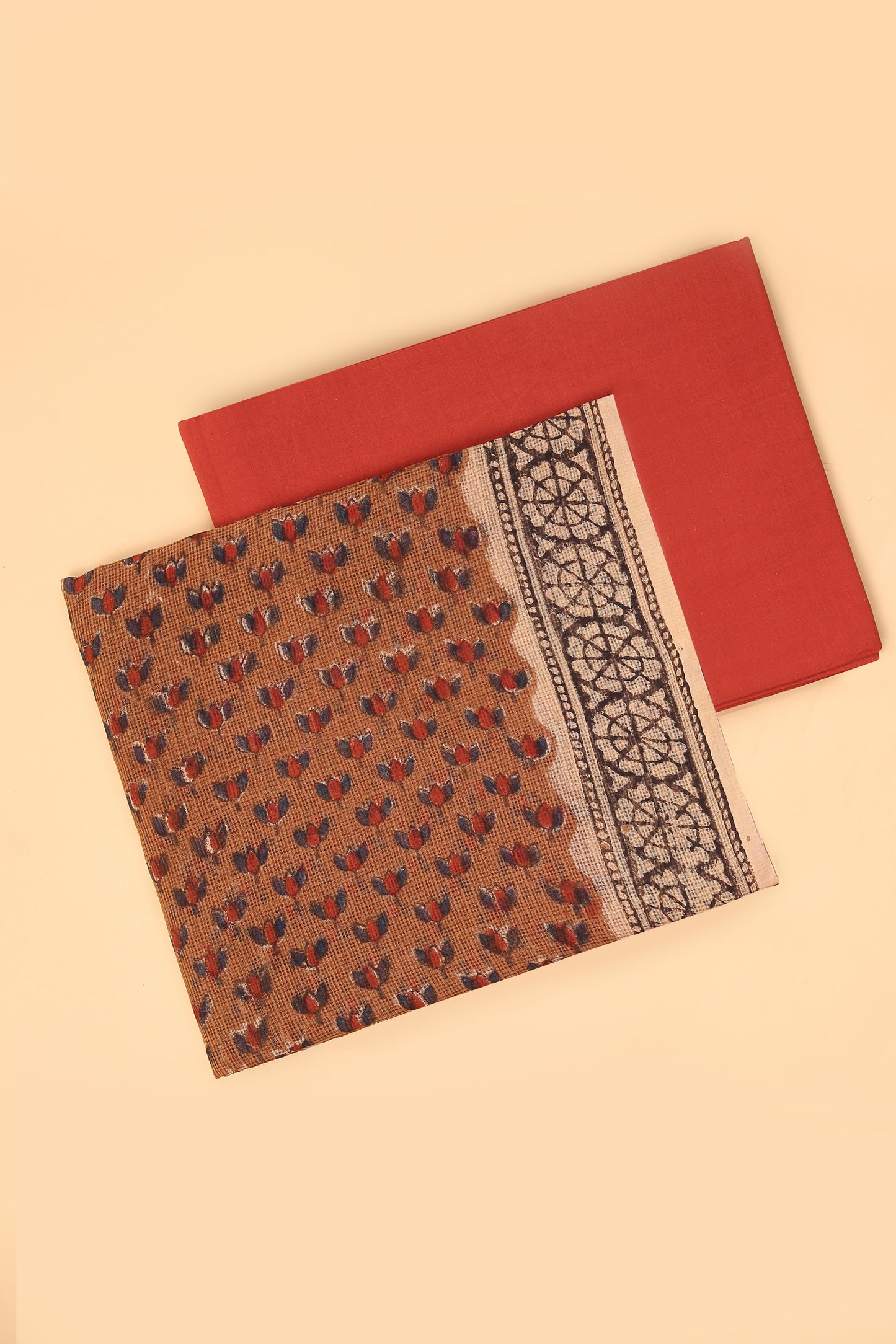 Brown Hand Block Pure Kota Cotton unstitched suit set in Kota doria handblock shirt and dupatta with contrast plain cotton bottom