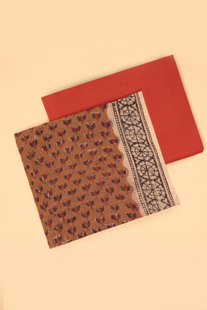 Brown Hand Block Pure Kota Cotton unstitched suit set in Kota doria handblock shirt and dupatta with contrast plain cotton bottom