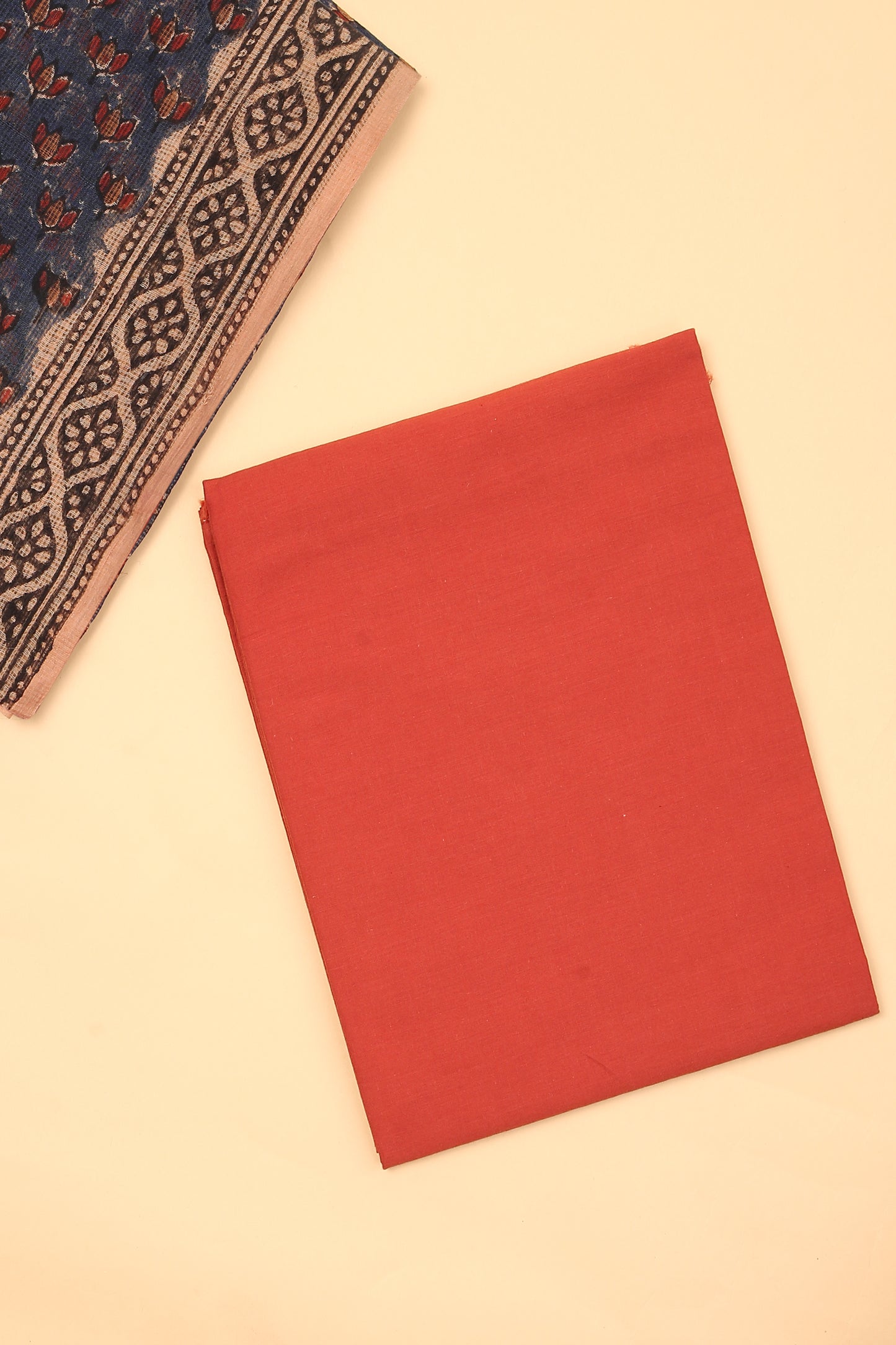 Blue Hand Block Pure Kota Cotton unstitched suit set in Kota doria handblock shirt and dupatta with contrast plain cotton bottom