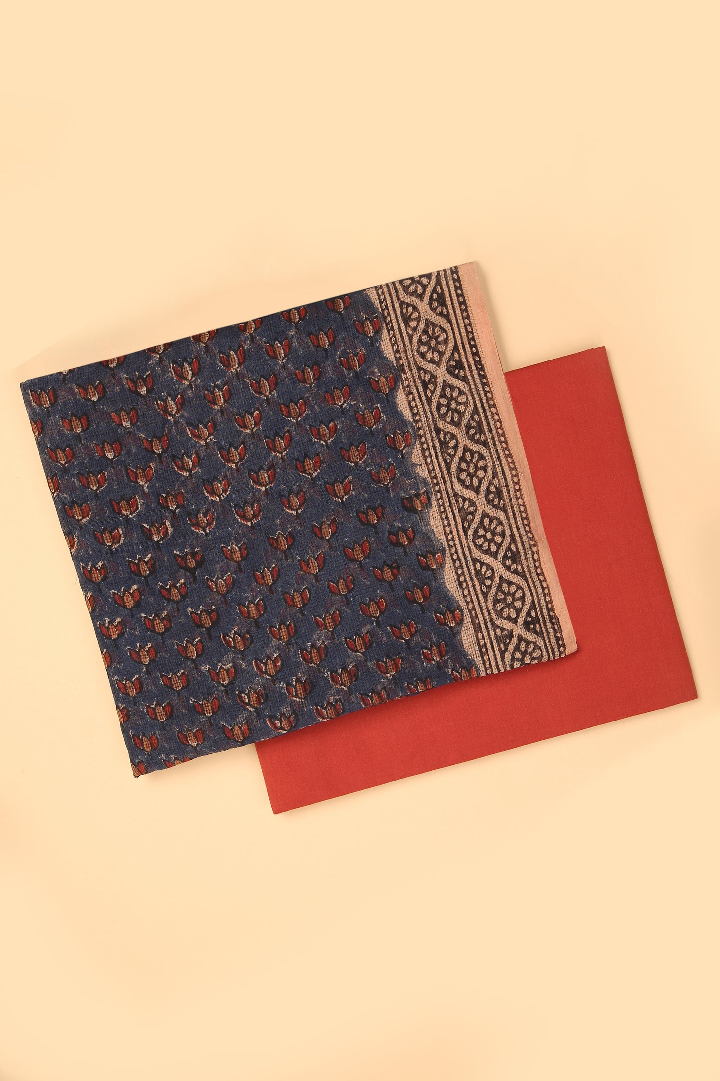 Blue Hand Block Pure Kota Cotton unstitched suit set in Kota doria handblock shirt and dupatta with contrast plain cotton bottom