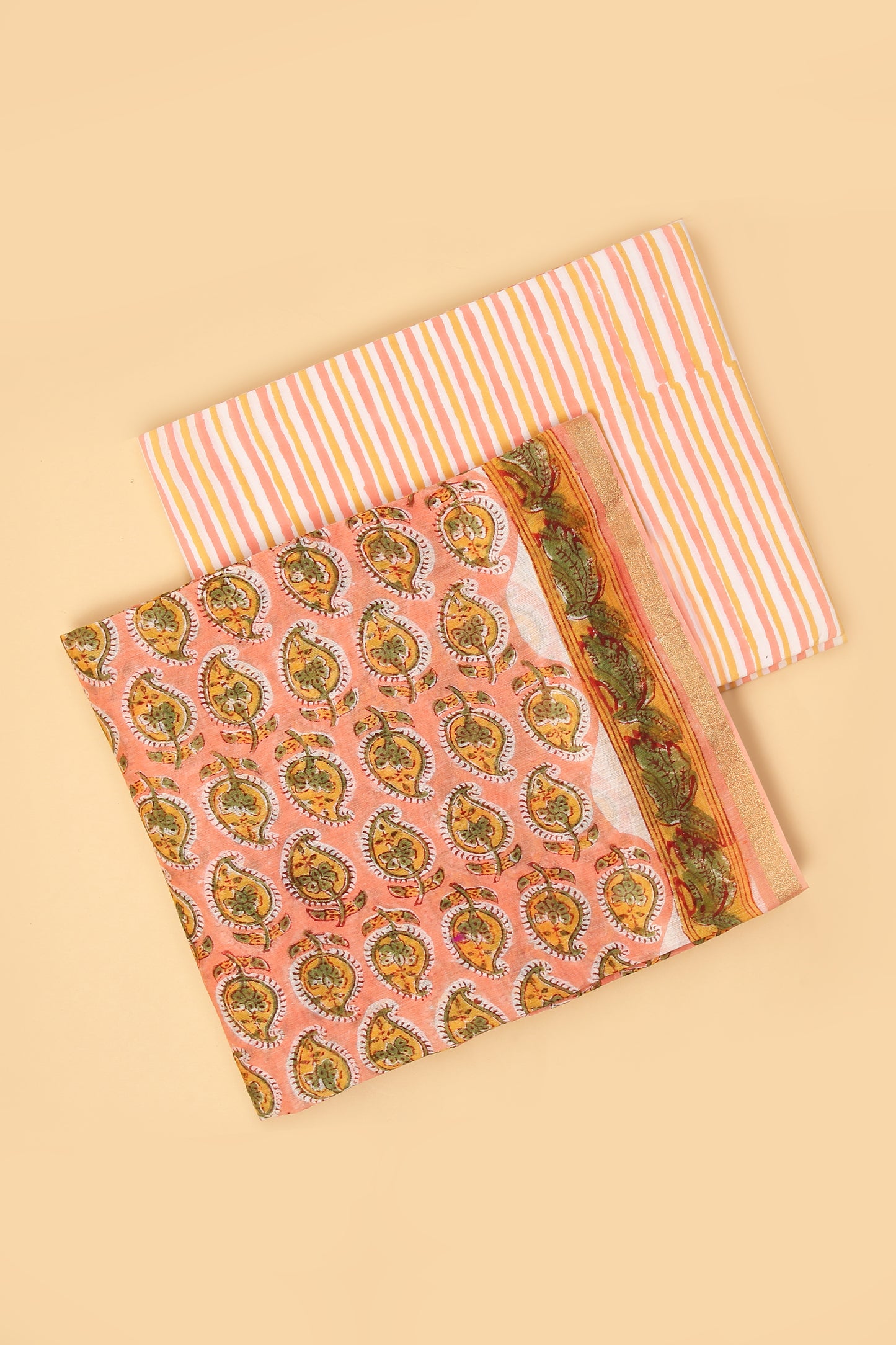 Peach Pure Hand Block Chanderi unstitched suit set with pure Cotton striped handblock Bottom